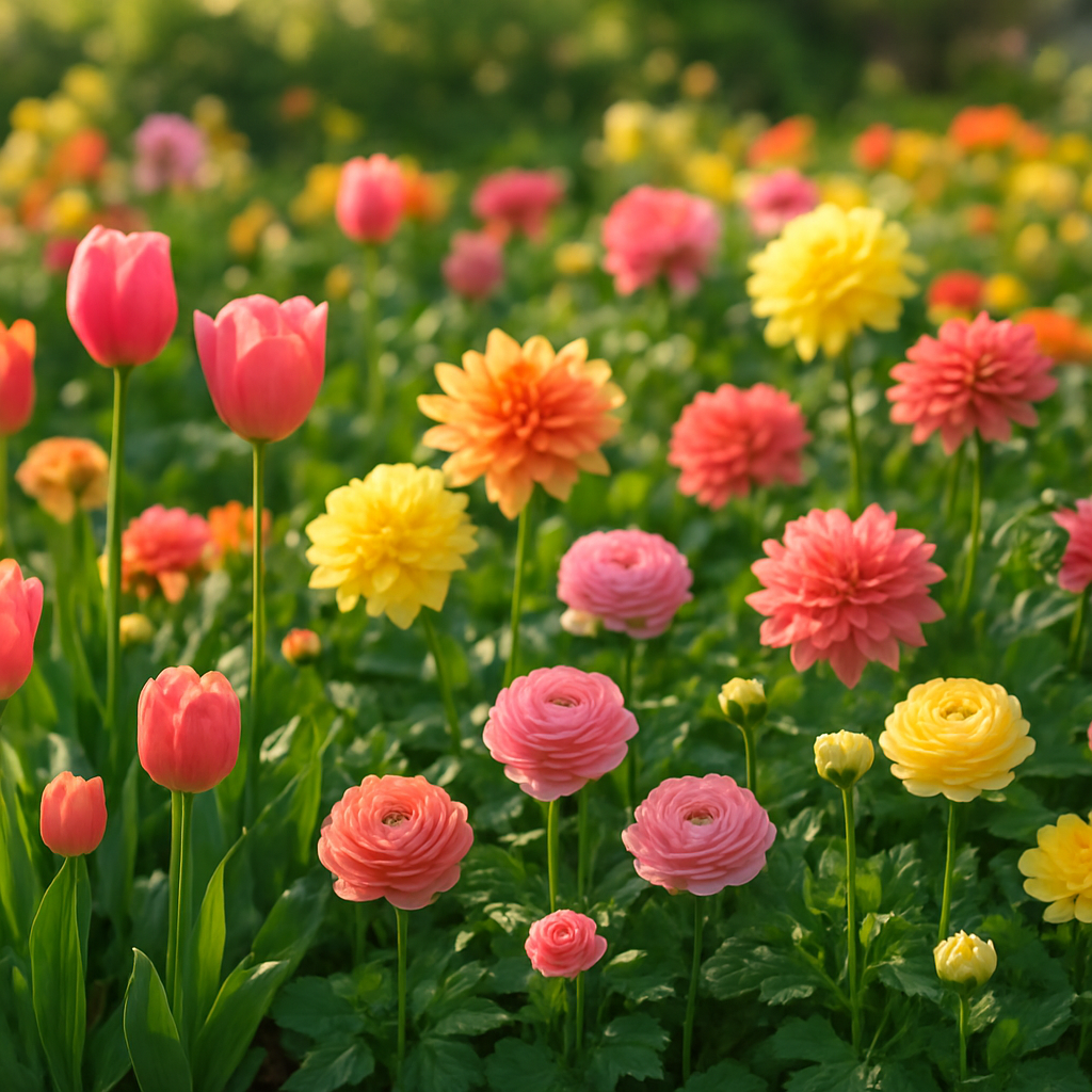 Blühender Garten mit Tulpen, Dahlien und Ranunkeln von LumiBlumi.ch